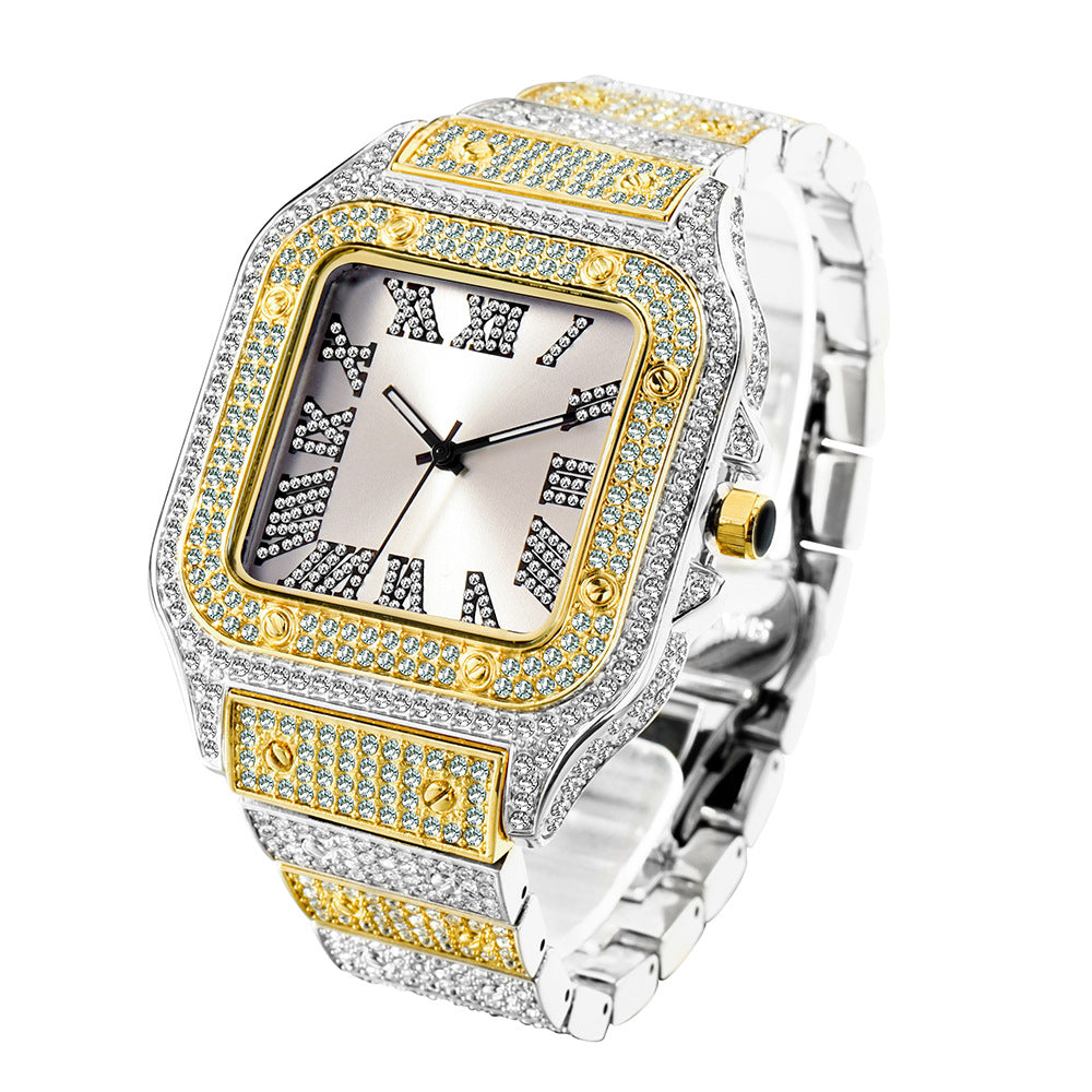 Roman Dial Marker High-End Hip Hop Style Diamond-Studded Square Watch