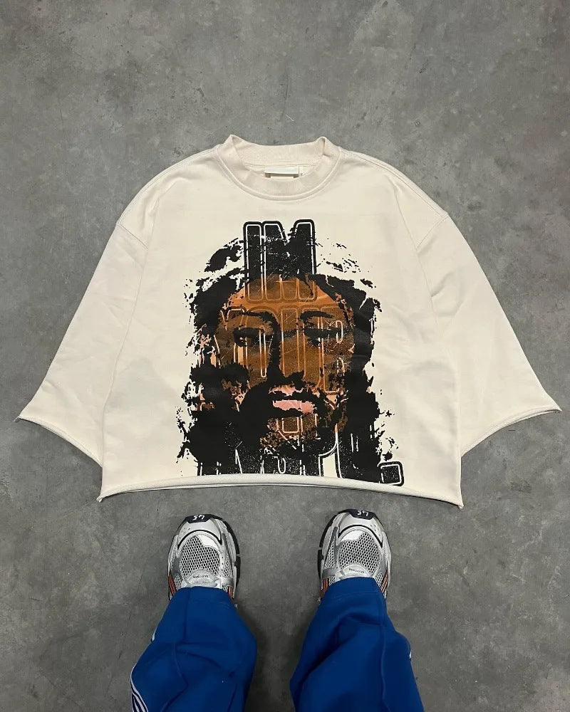 Graffiti print trendy T-shirt, three-quarter sleeve top