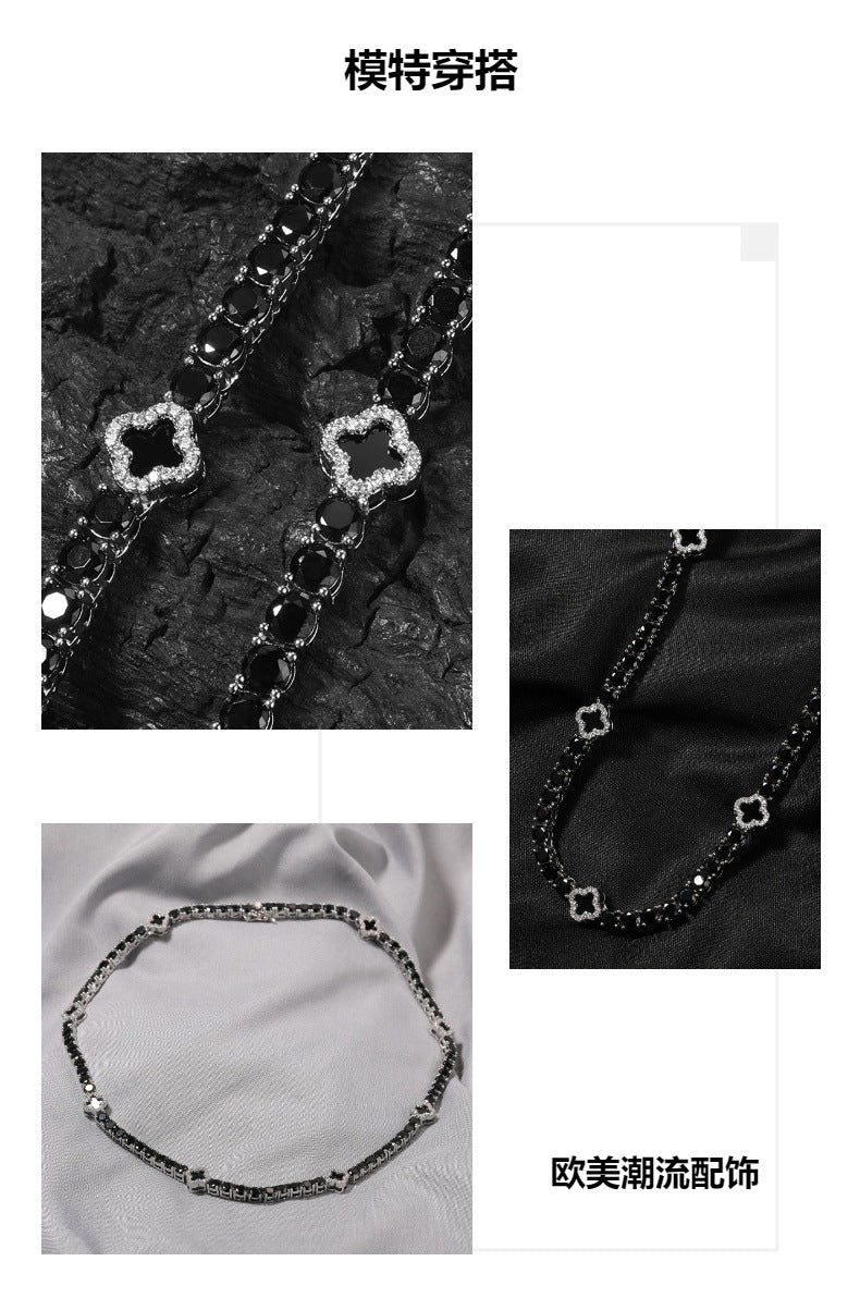 Silver Black Buckle Four-Leaf Clover Tennis Chain Necklace
