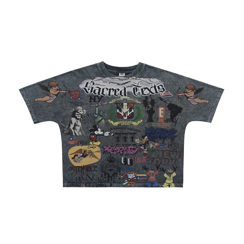 Vintage-Style All-Over Cartoon Print T-Shirt Washed & Distressed