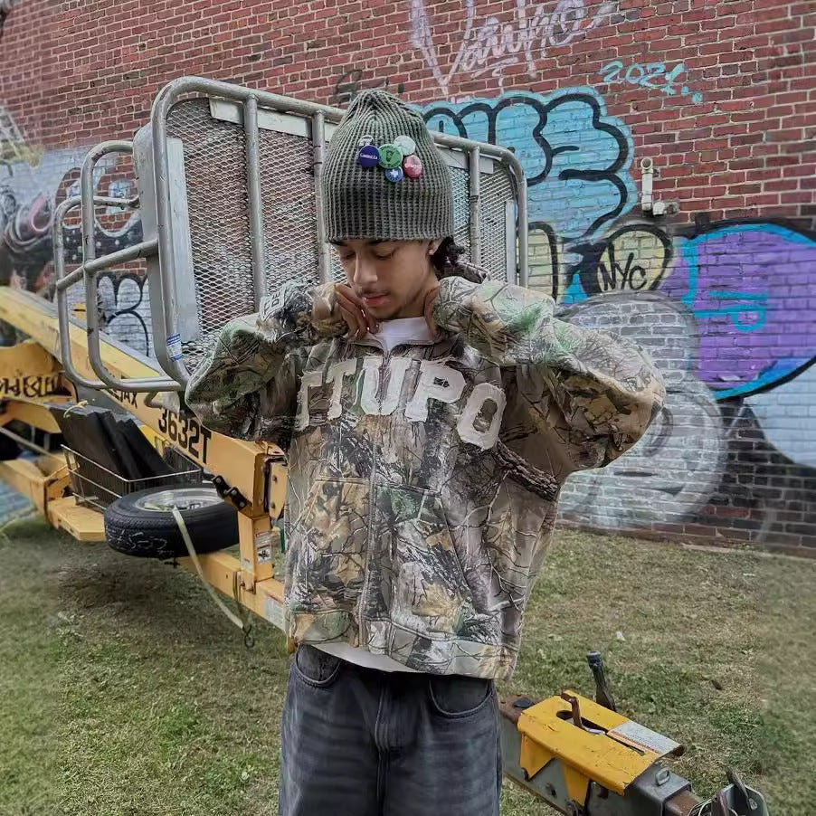 Camouflage cardigan zip-up sweatshirt patchwork letter Y2K jacket