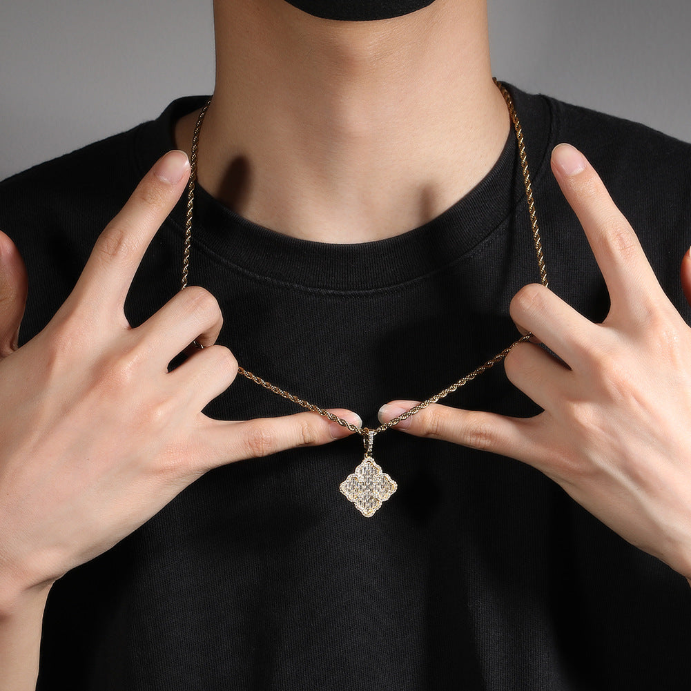 Full-diamond zircon four-leaf clover necklace