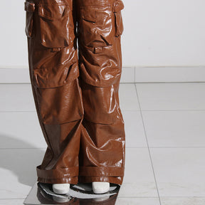 Multi-pocket overalls leather pants personality loose overalls