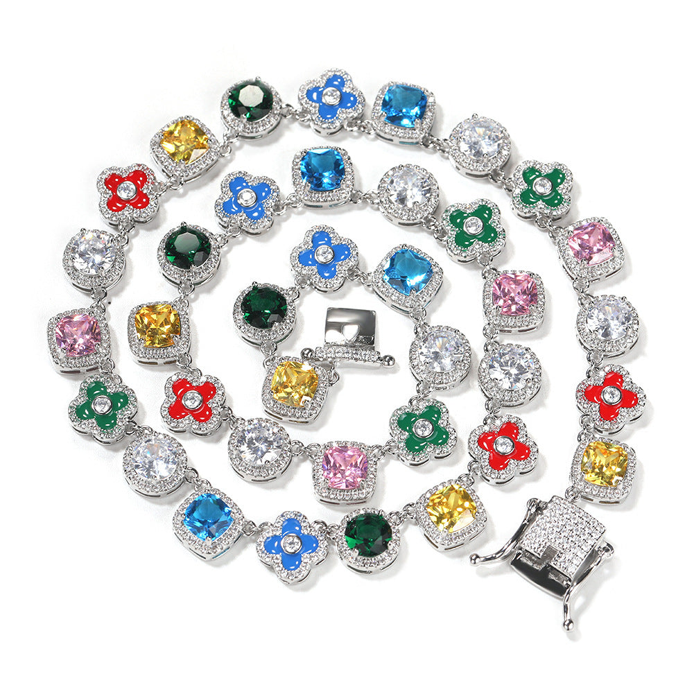 Hip-hop colorful rhinestone-encrusted flower necklace