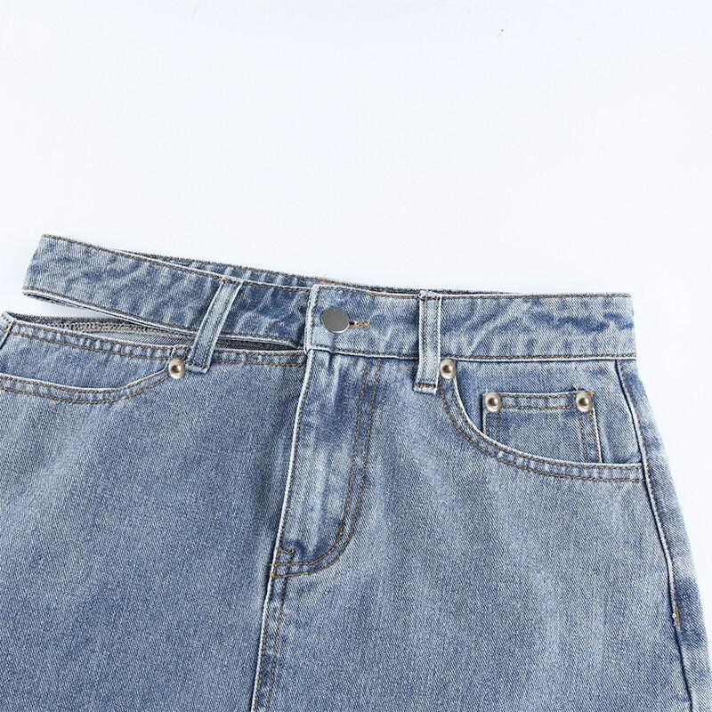 High-waisted denim mini skirt with one-sided cutout