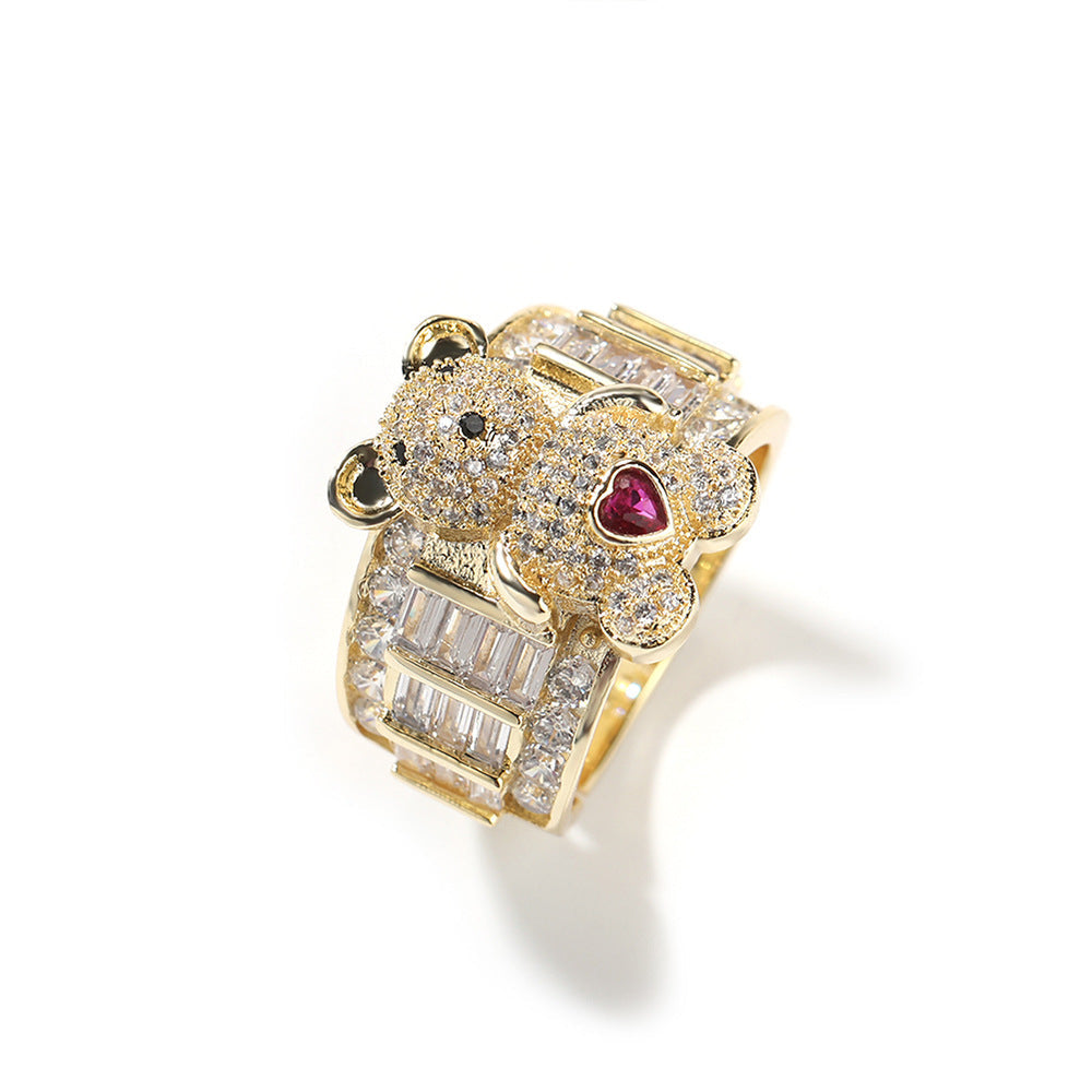 Hip-hop cute bear diamond-encrusted adjustable ring