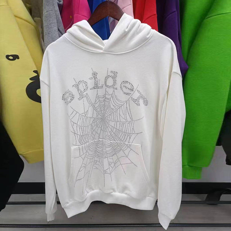 Sp5der fleece-lined hoodie with spiderweb print.