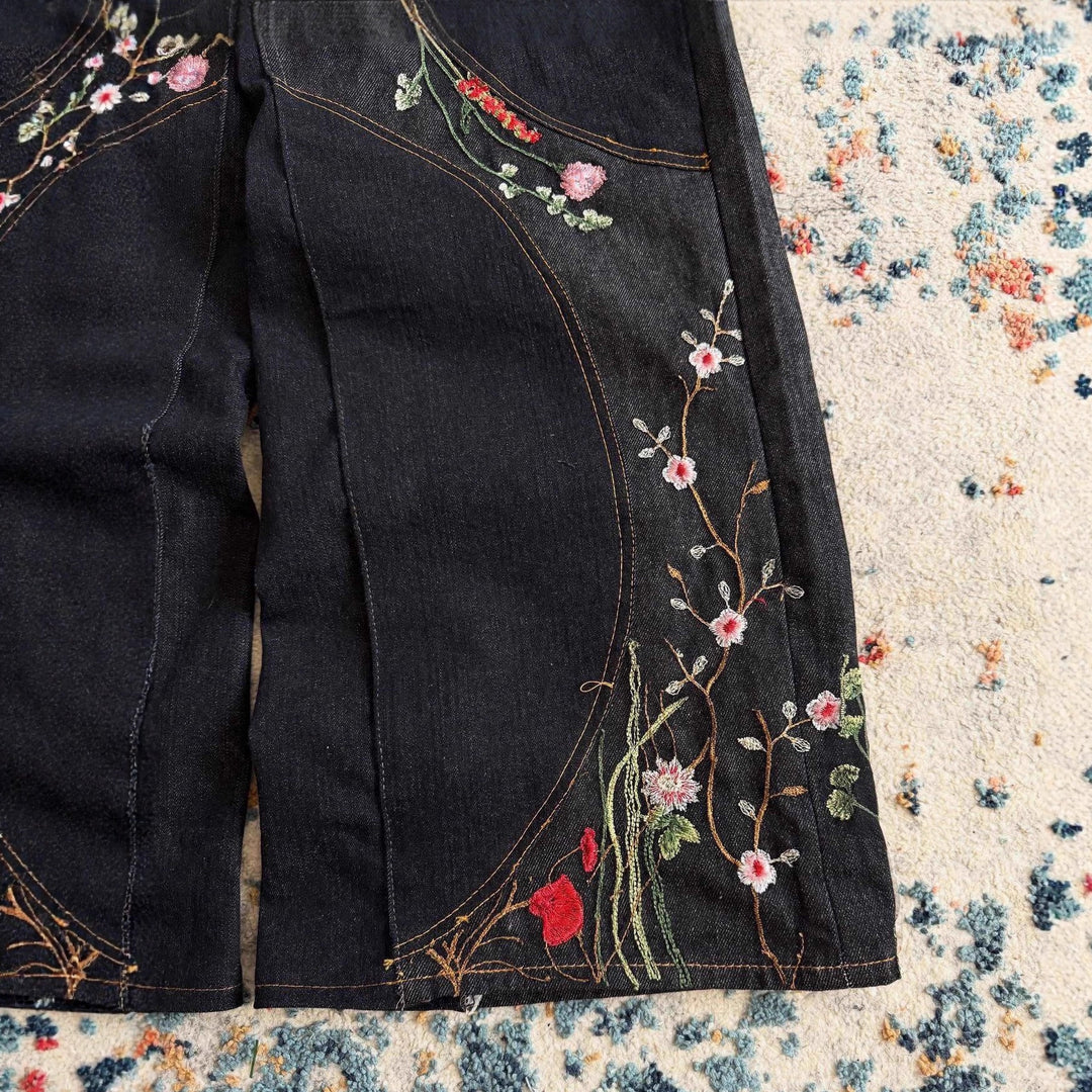 Y2K Loose-Fit Wide-Leg Patchwork Jeans with Floral Embroidery