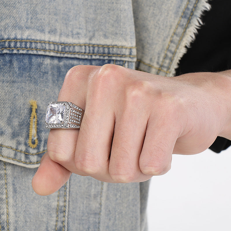 Bold diamond-encrusted titanium steel ring