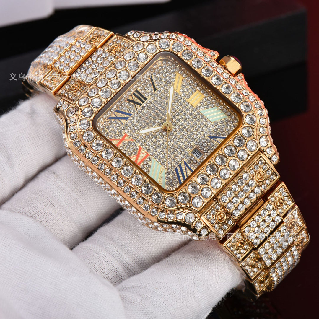 Luxury Diamond-Studded Watch with Classic Roman Dial