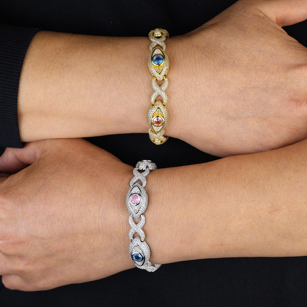 Eye-themed infinity bracelet with colored zircon, figure-eight chain
