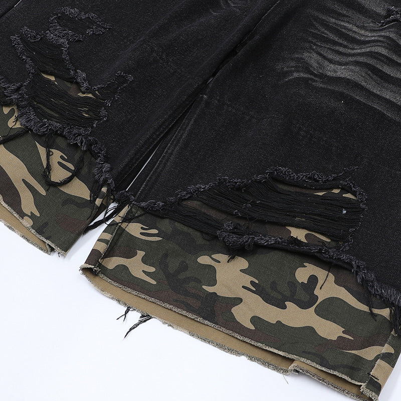 Raw-Hem Leopard-Print Patchwork Denim Shirt & Shorts Set