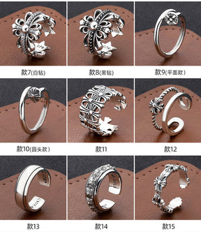 S925 sterling silver chrome hearts cross flower retro open ring