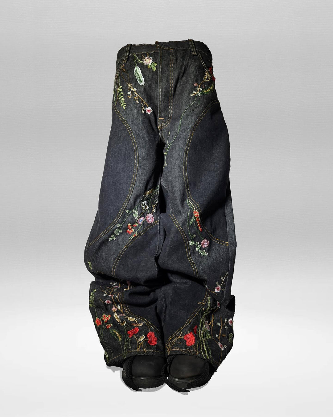Y2K Loose-Fit Wide-Leg Patchwork Jeans with Floral Embroidery