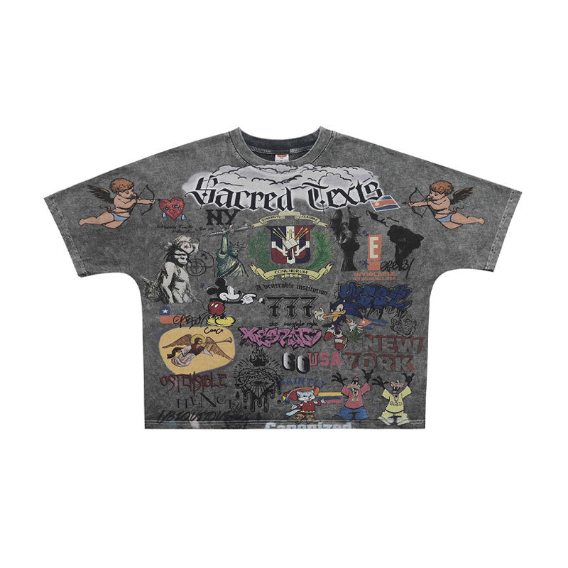 Vintage-Style All-Over Cartoon Print T-Shirt Washed & Distressed