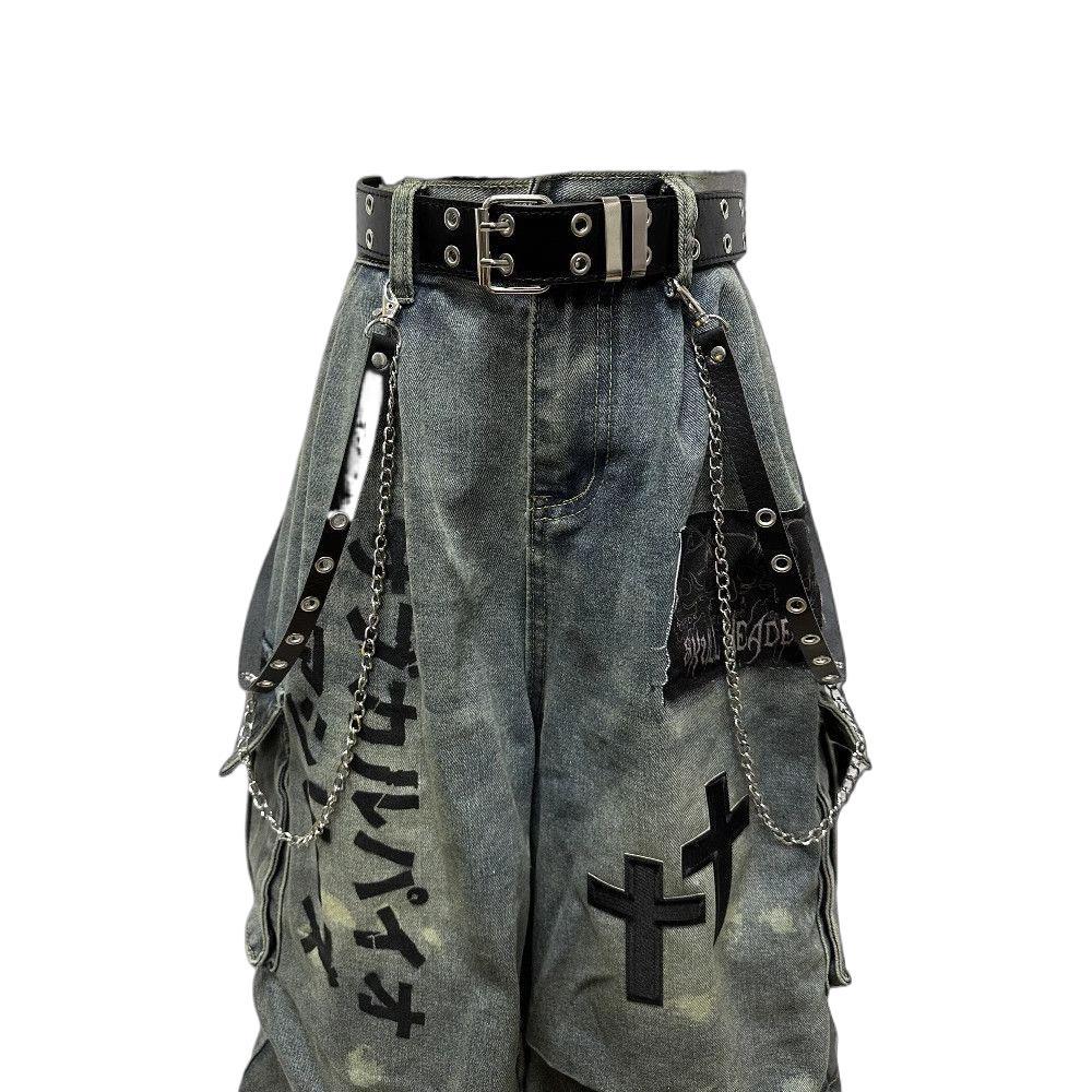 Dark Wasteland-Style Cropped Denim Jeans with Pleats and Patches