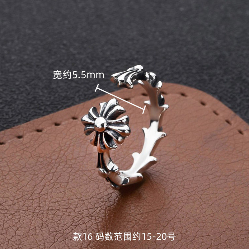 S925 sterling silver chrome hearts cross flower retro open ring