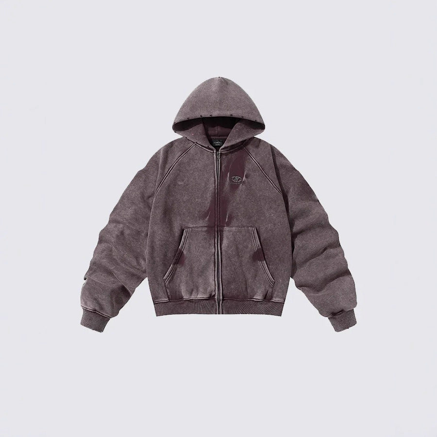 Distressed washed and pleated hooded sleeves