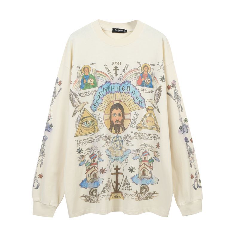 Skull angel print vintage distressed long - sleeve