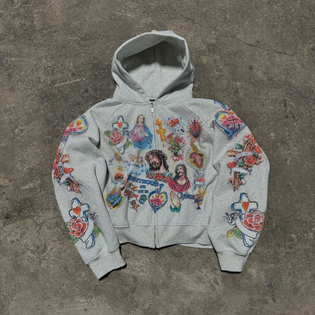 RIGHTEOUS Jesus Cross Cartoon Hooded Zip-up Sweatshirt