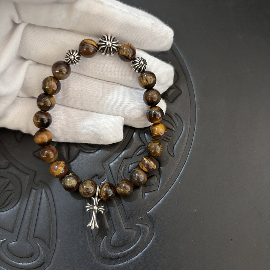 Chrome Hearts tiger's eye stone cross silver bead bracelet