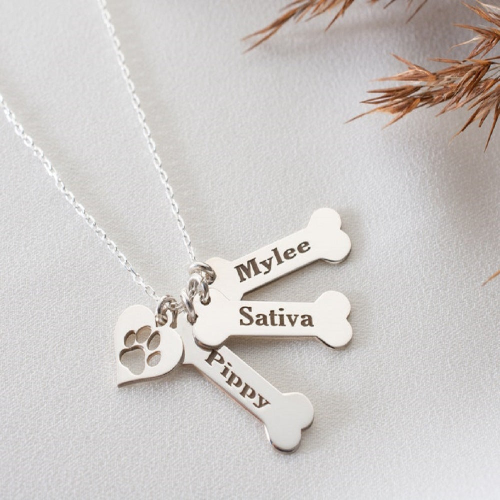 dog name necklace Personalized Bone Paw pendant