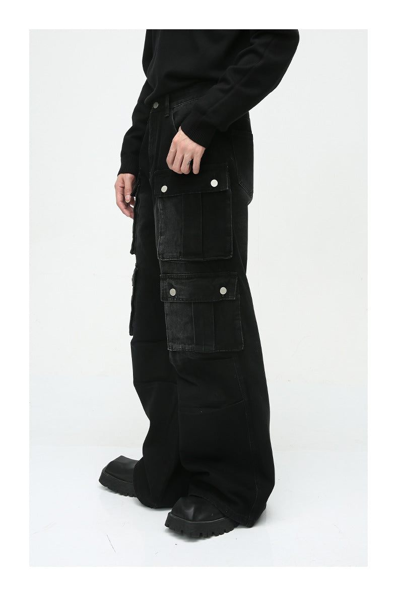 Heavy-Duty Retro Multi-Pocket Cargo-Style Wide-Leg Jeans