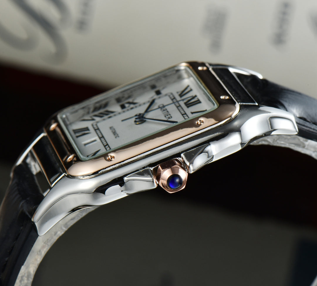 Leather Strap, Three-Hand Quartz Watch with Square Case