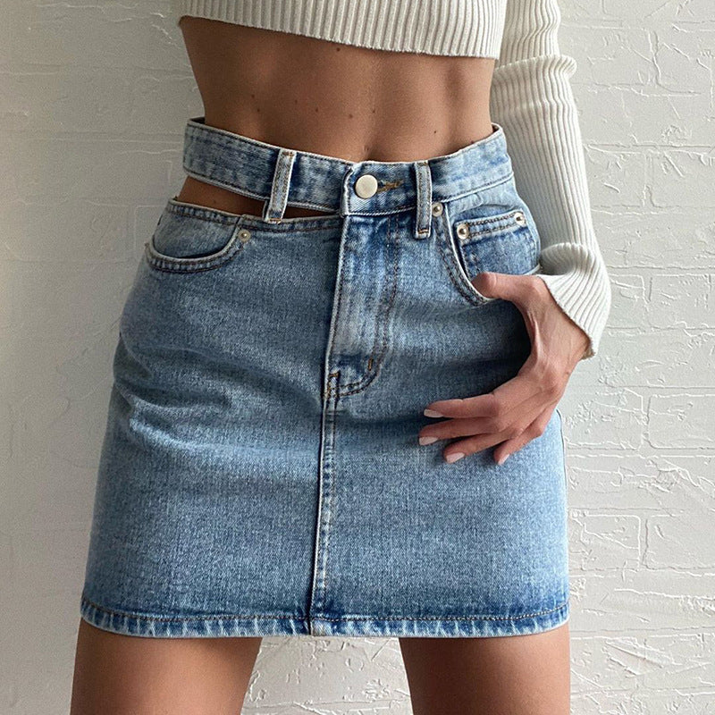 High-waisted denim mini skirt with one-sided cutout