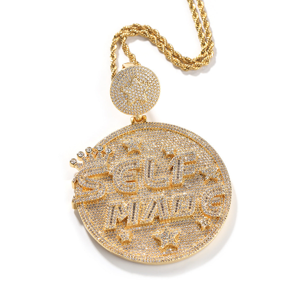 Self made hip-hop large diamond-encrusted disc necklace