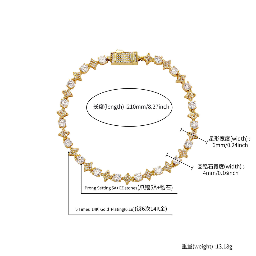 4mm Tennis Chain, 6mm Copper-Set Zircon Star & Sunburst Bracelet
