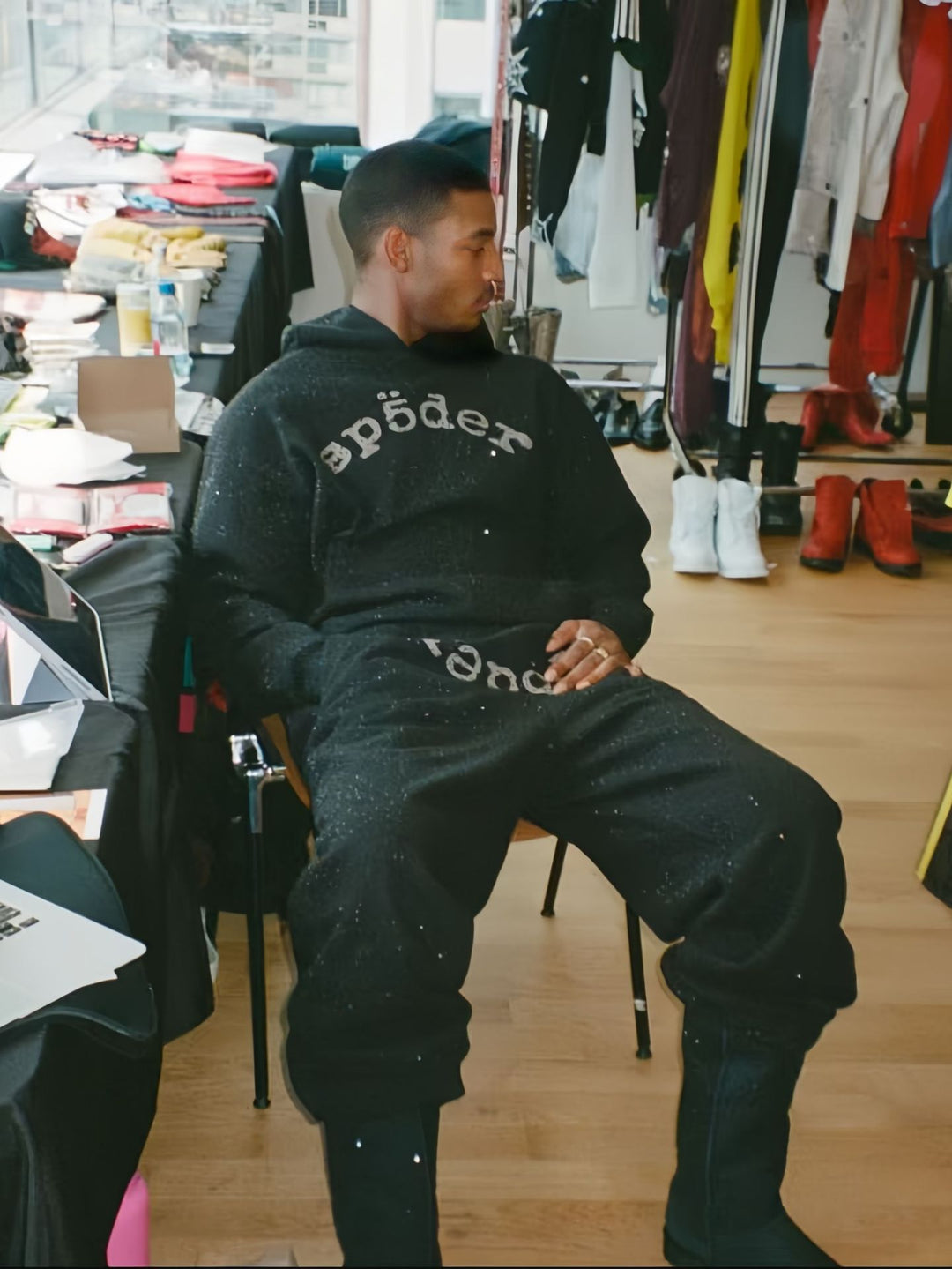 Sp5der full-rhinestone hoodie and sweatpants
