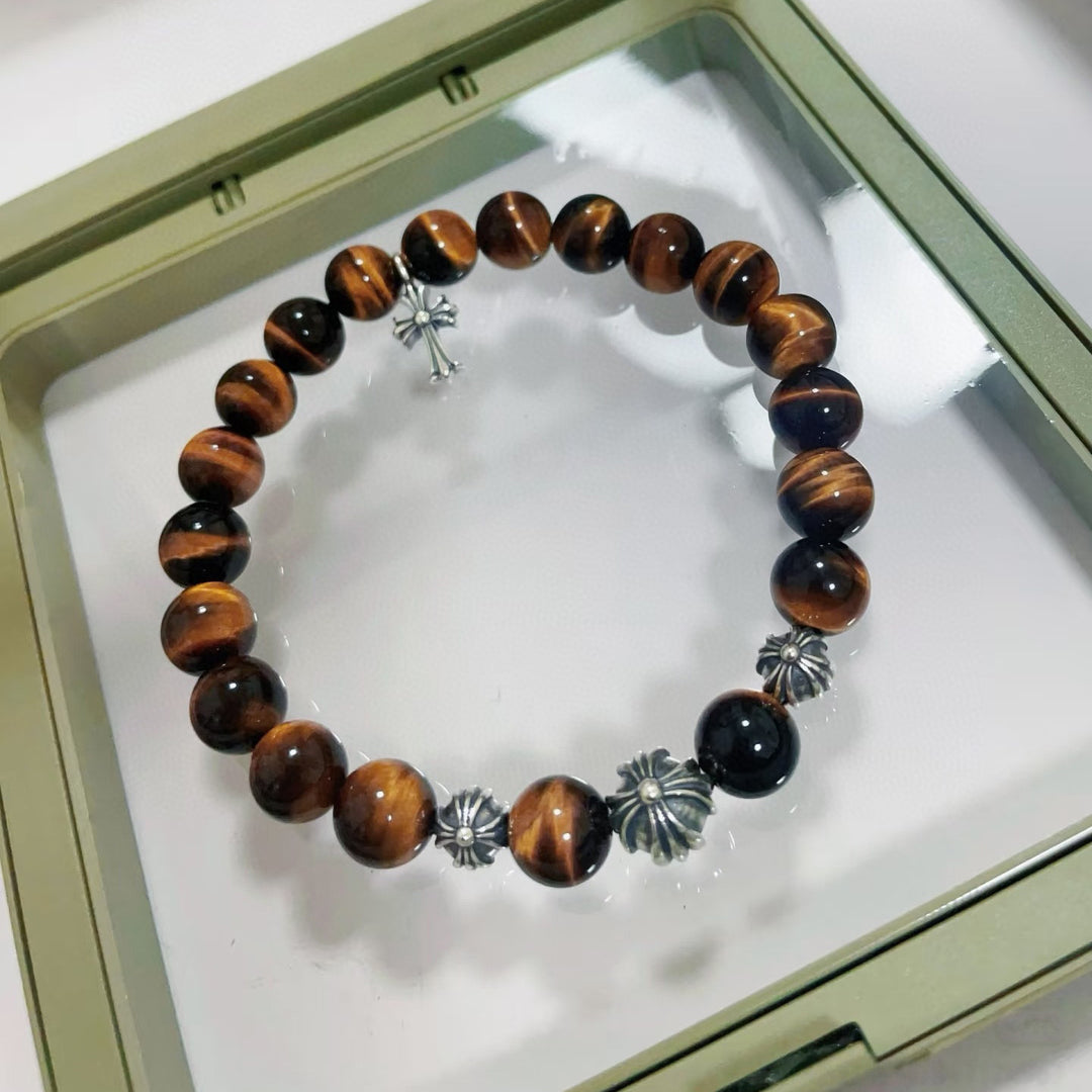 Chrome Hearts tiger's eye stone cross silver bead bracelet