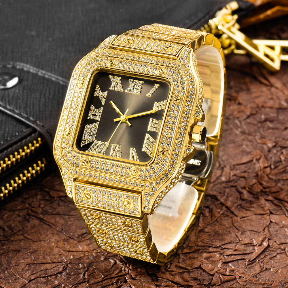 Roman Dial Marker High-End Hip Hop Style Diamond-Studded Square Watch