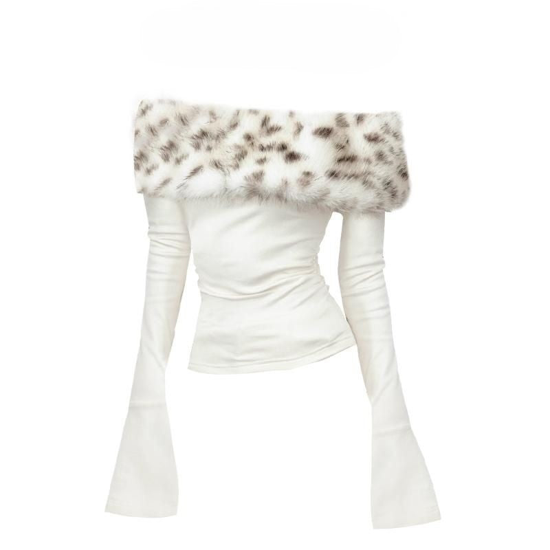 Hot Girl Fur Collar Off-Shoulder Long-Sleeve T-Shirt for Women