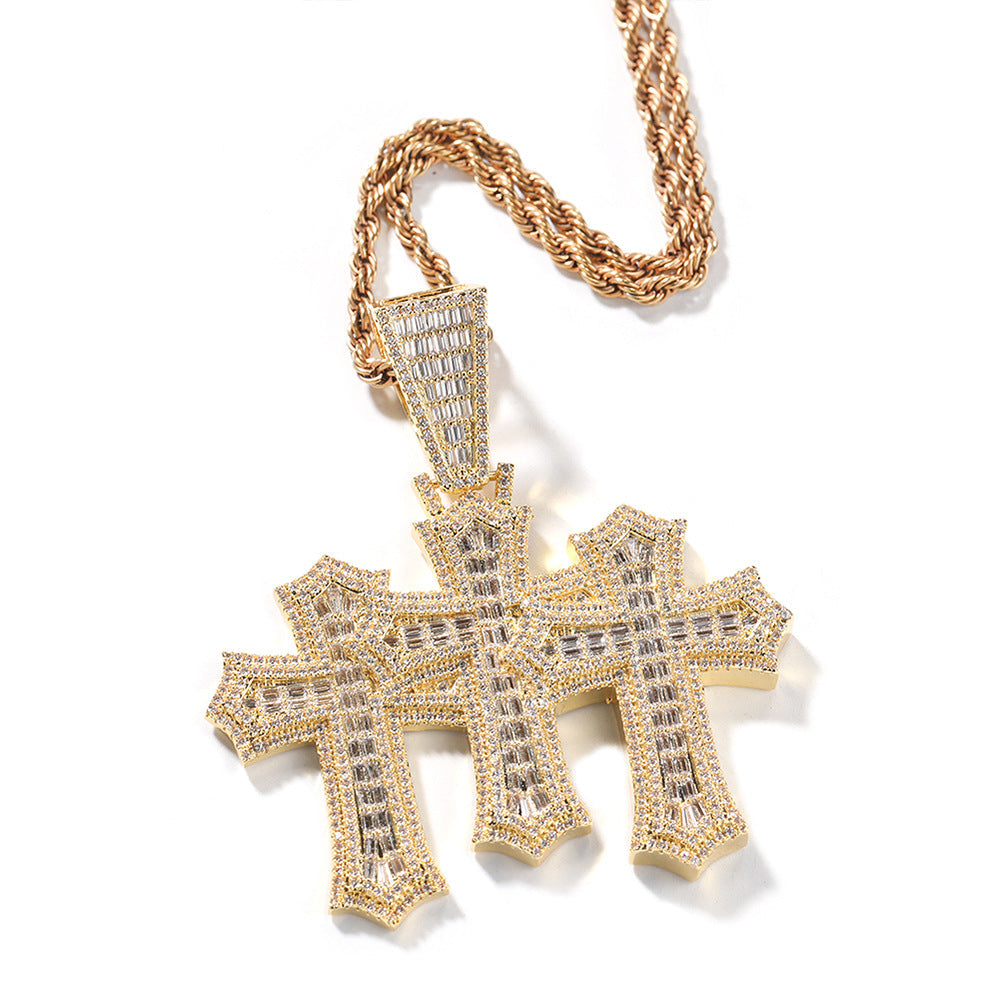 mens gold chain cross diamond-studded necklace