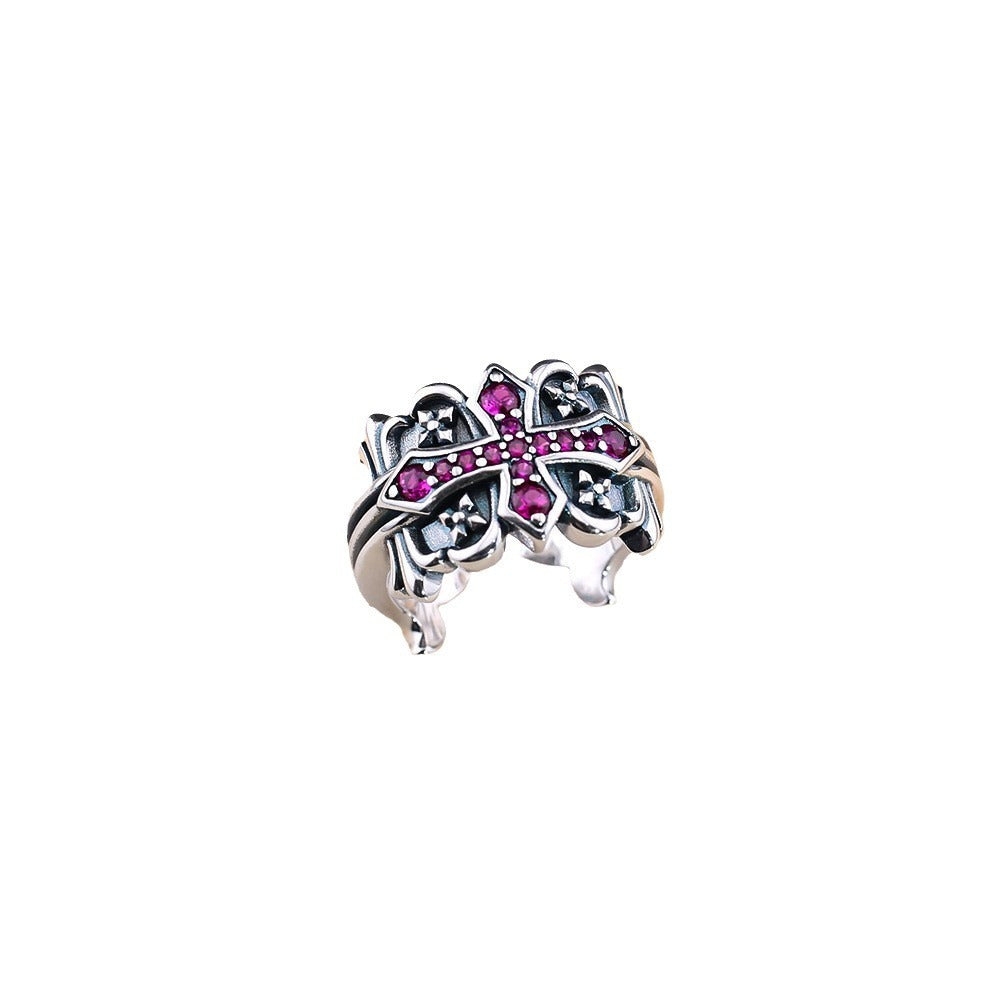Rose red diamond cross flower open ring