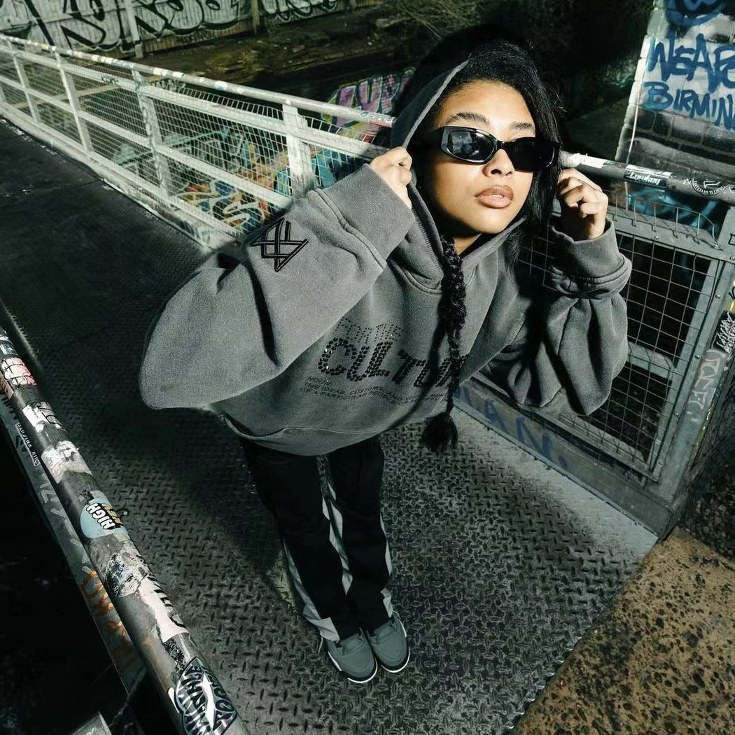 For the Culture Rhinestone and Letter Print Hooded Sweatshirt