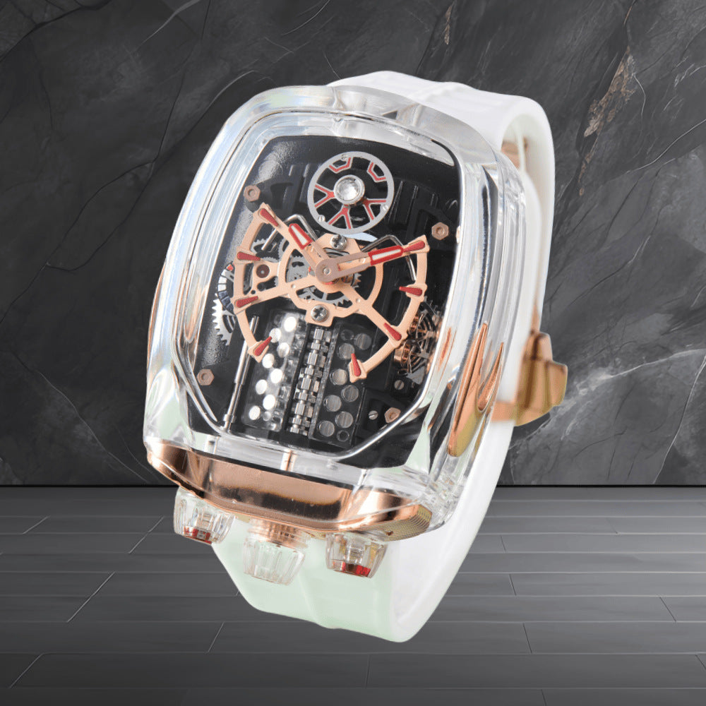 W16 Engine-Style Watch with Sparkling Transparent Crystal Case