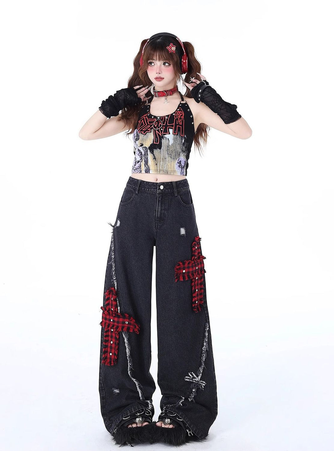 Rock-Punk Distressed Straight-Leg Wide-Leg Jeans