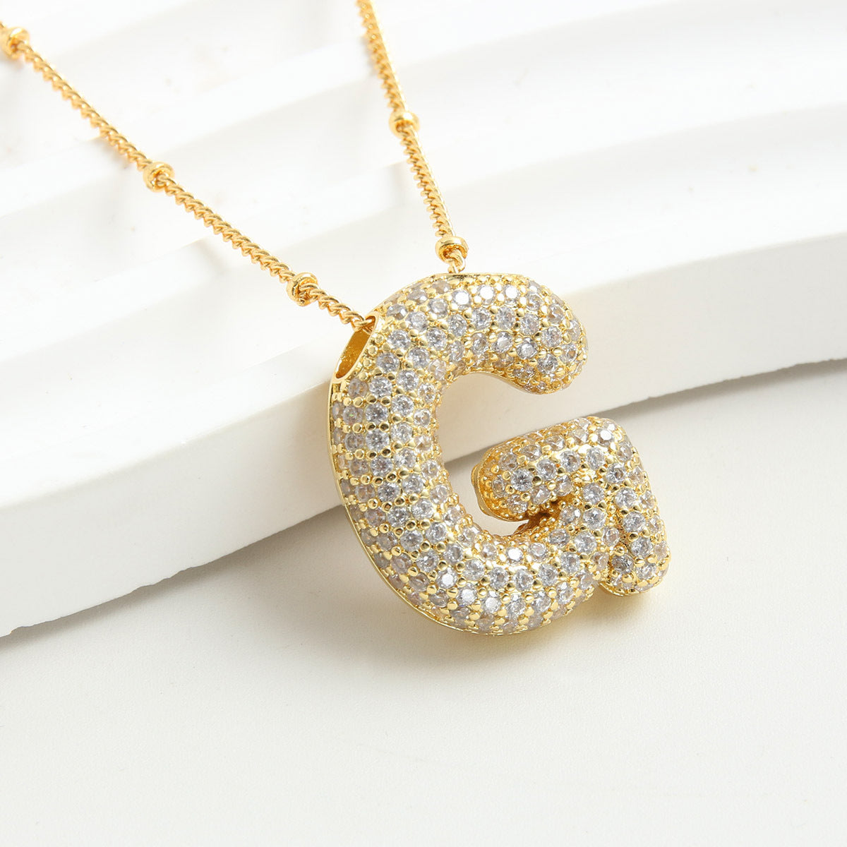 Bubble Initial Necklace 14k Gold Plated Cubic Zirconia