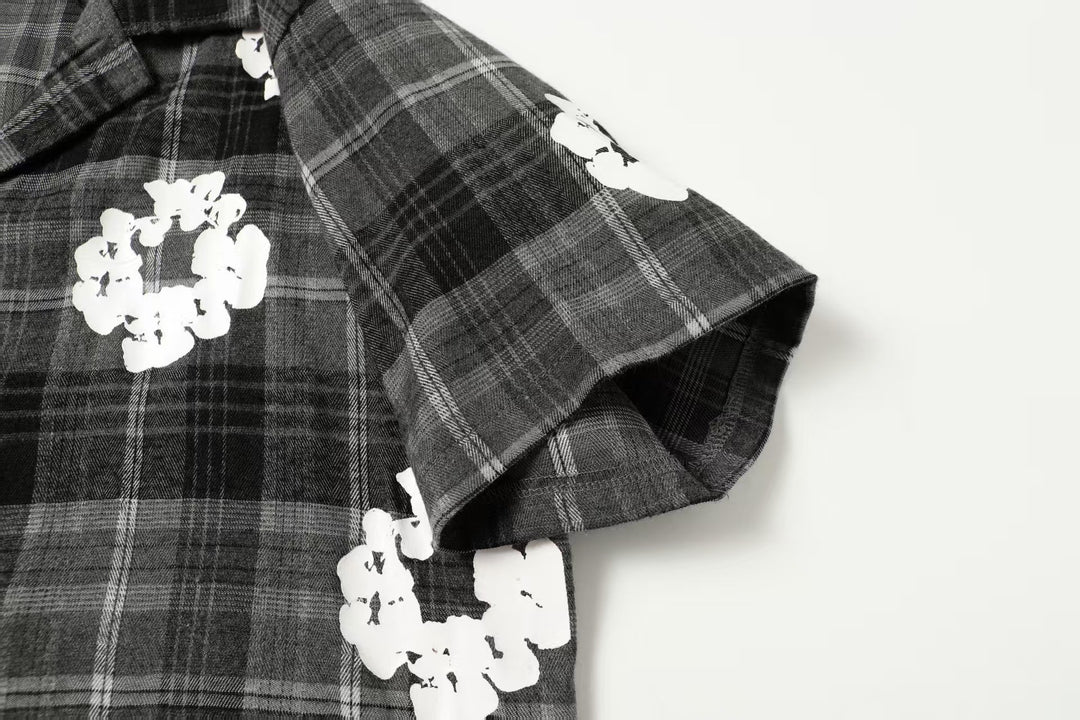 Kapok flower foam print plaid shirt set