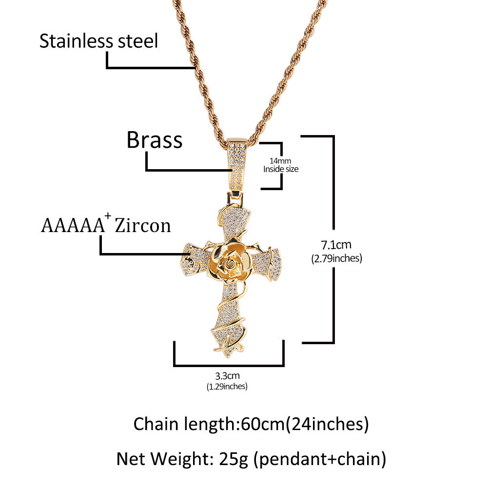 Copper set 5A zirconia rose cross pendant necklace