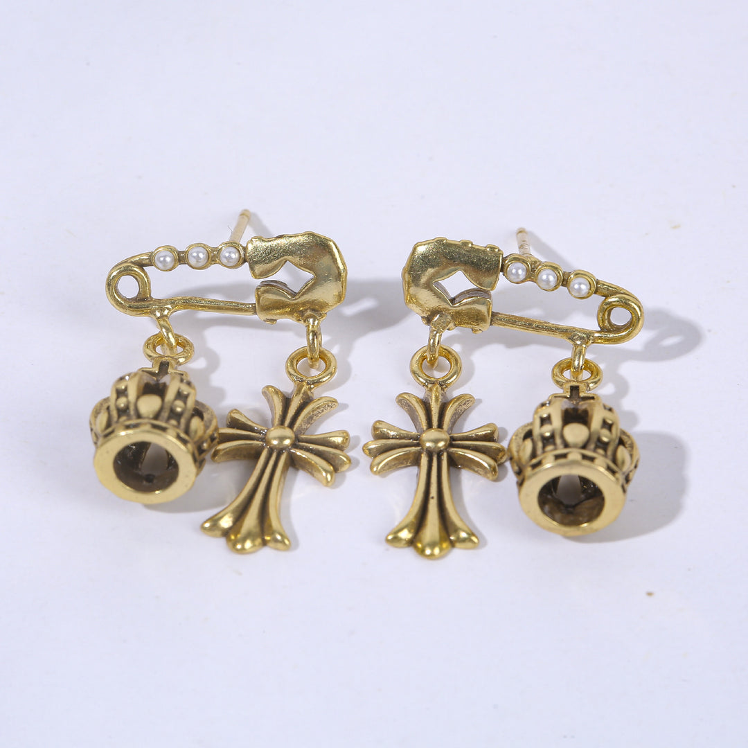 Chrome Hearts-Inspired Safety Pin Cross & Crown Earrings