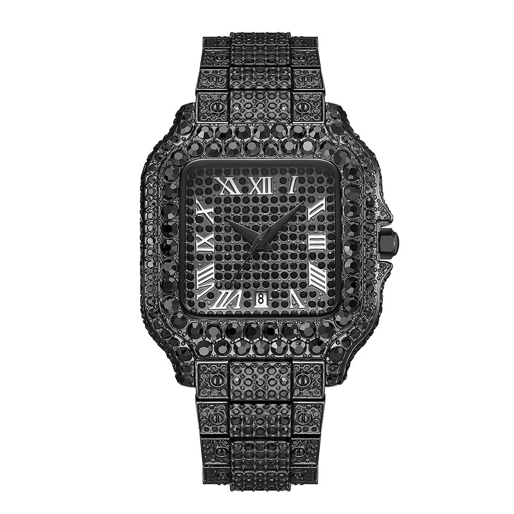 Hip-Hop Square Quartz Watch with Full Diamonds and Roman Markers