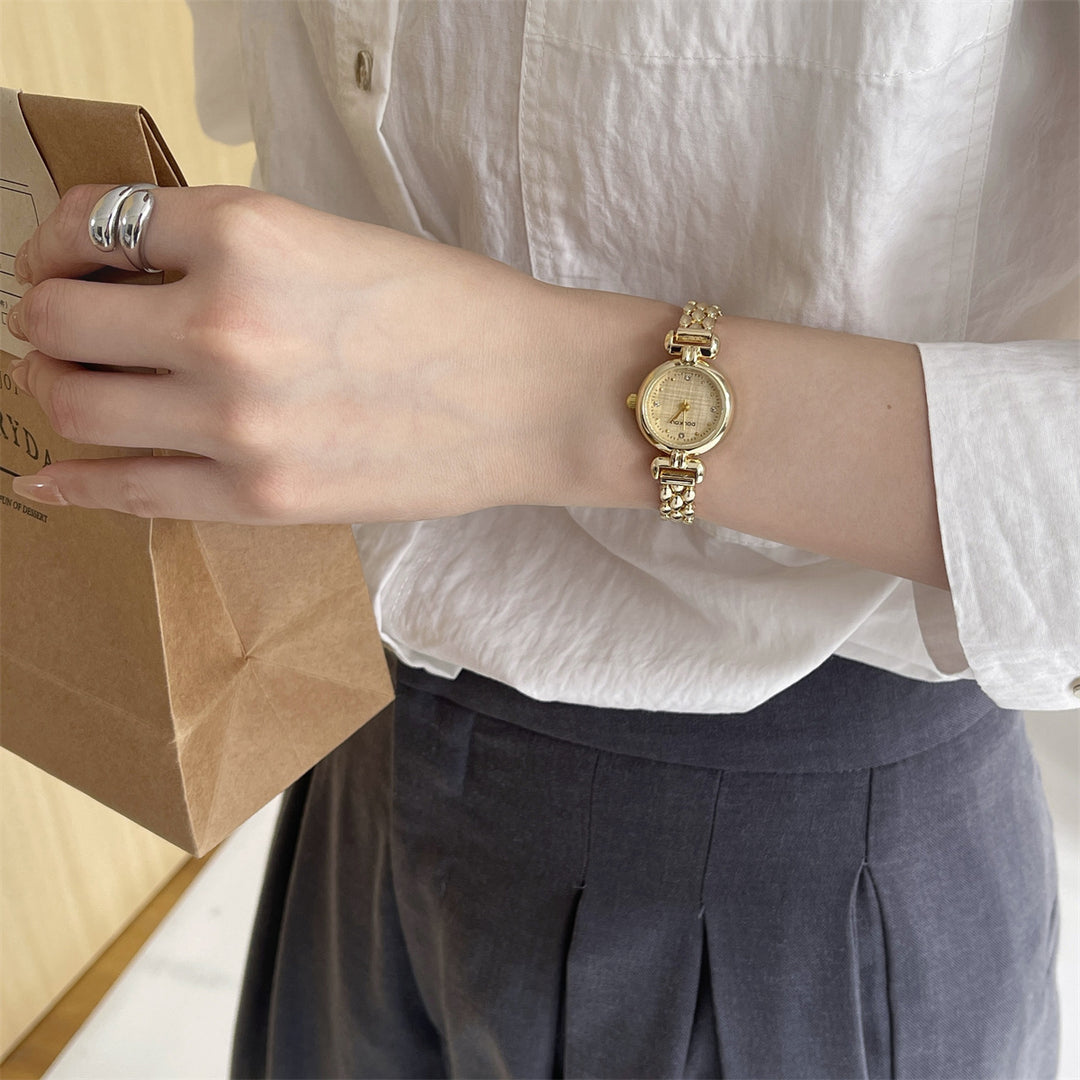Round Dial Watch with Crystal Accents and Narrow Band