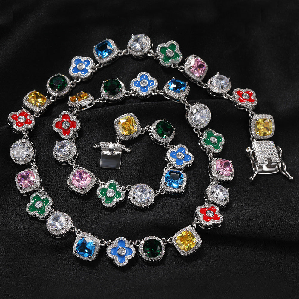Hip-hop colorful rhinestone-encrusted flower necklace