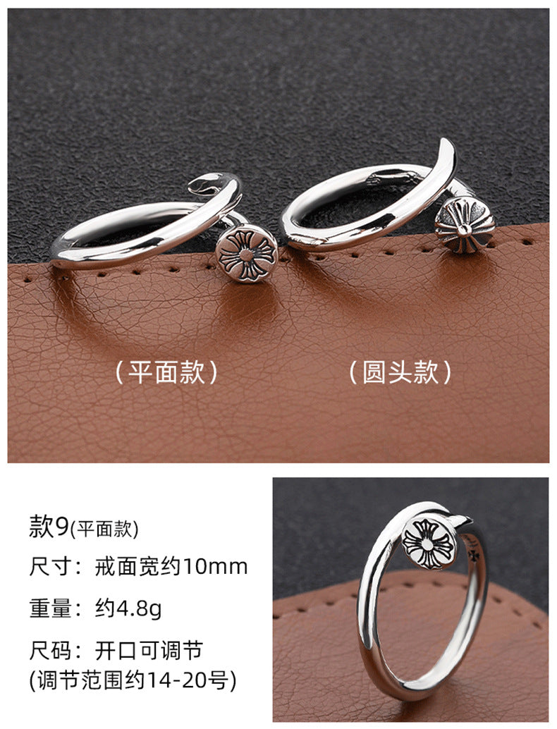 S925 sterling silver chrome hearts cross flower retro open ring