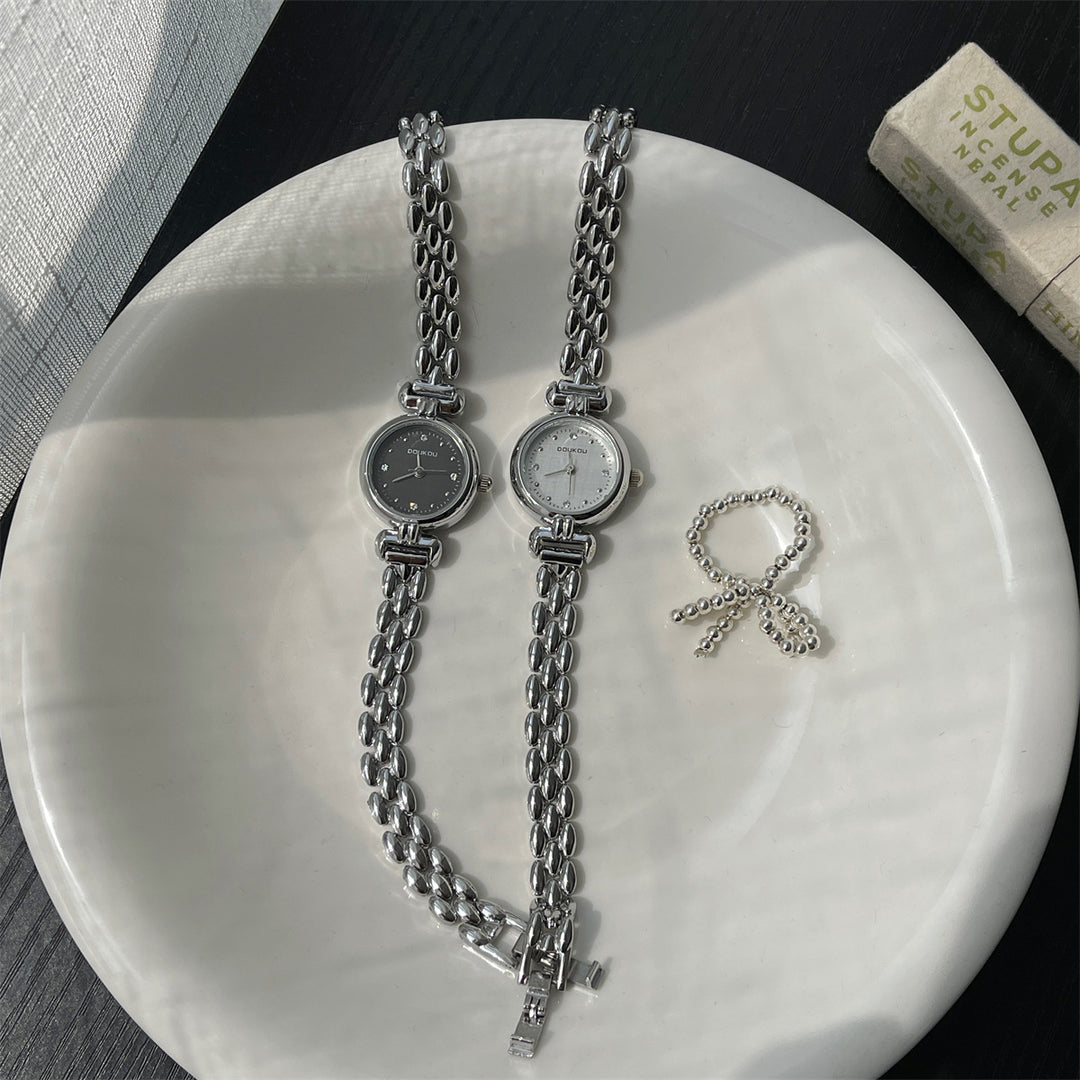 Round Dial Watch with Crystal Accents and Narrow Band