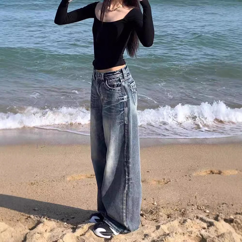Washed High-Waisted Floor-Length Wide-Leg Jeans for Women